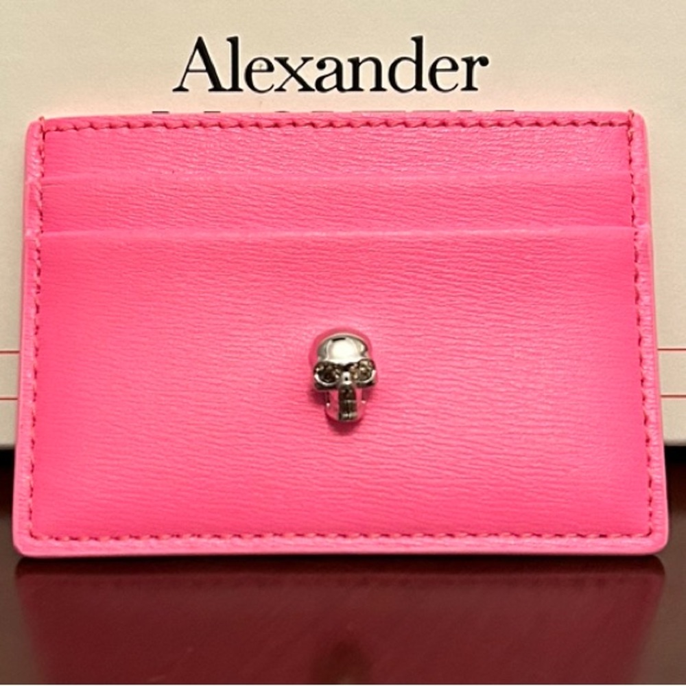 ALEXANDER MCQUEEN Skull Card Holder in Pink Leather with Silver Hardware